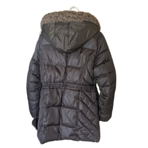 Long Hooded Dark Green Puffer Coat with Cinched Waist Size Large - Picture 8 of 11